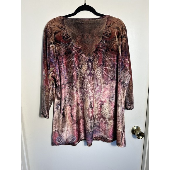 One World 2X Top Velvet Burnout Purple Pink Boho Embellished V-Neck 3/4 Sleeve - Picture 9 of 11